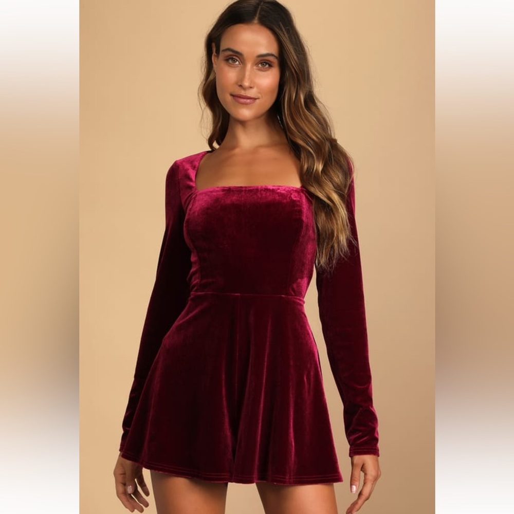 NWT Lulus Feeling Cheery Burgundy Velvet Long Sleeve Tie-Back Romper